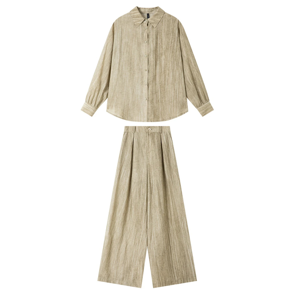 VIMLY Texture Shirt Pant Set Two Piece Woman Outfits Spring 2026 Casual Long Sleeve Shirt Baggy Pants Ladies Clothing Sets A0351