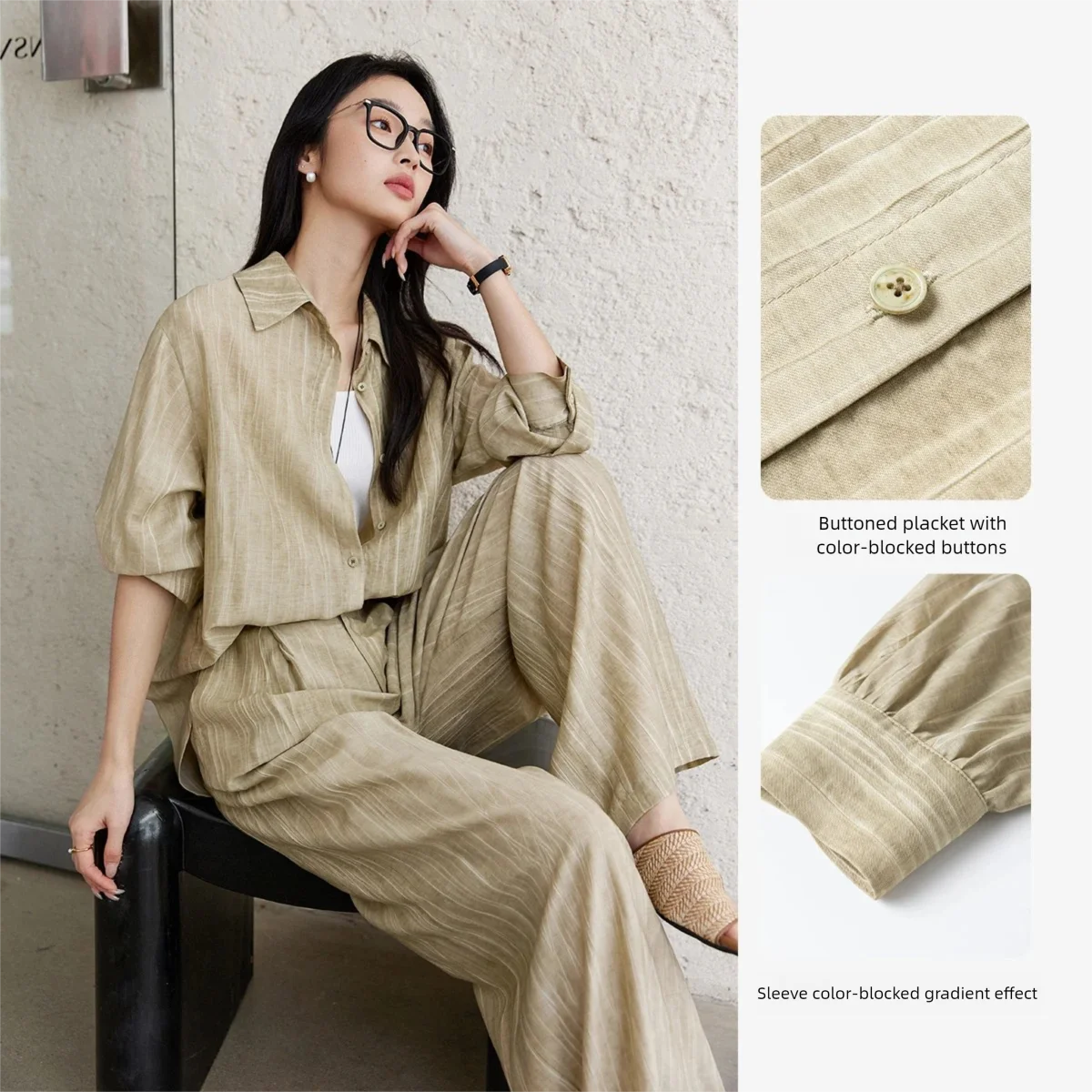 VIMLY Texture Shirt Pant Set Two Piece Woman Outfits Spring 2026 Casual Long Sleeve Shirt Baggy Pants Ladies Clothing Sets A0351