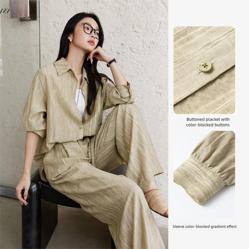 VIMLY Texture Shirt Pant Set Two Piece Woman Outfits Spring 2026 Casual Long Sleeve Shirt Baggy Pants Ladies Clothing Sets A0351