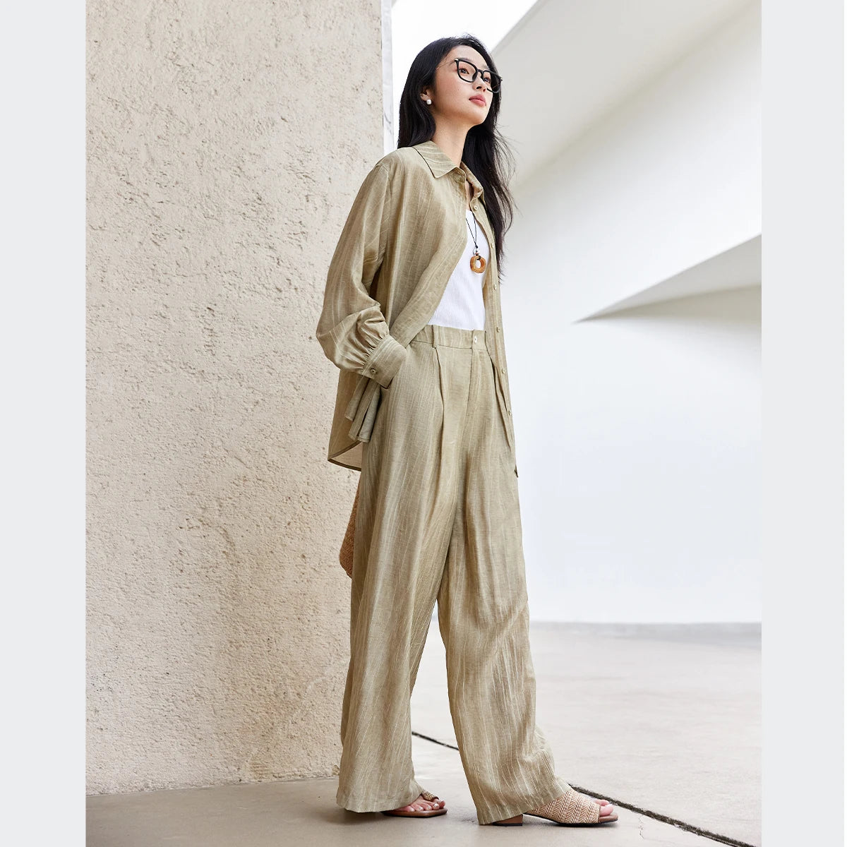 VIMLY Texture Shirt Pant Set Two Piece Woman Outfits Spring 2026 Casual Long Sleeve Shirt Baggy Pants Ladies Clothing Sets A0351