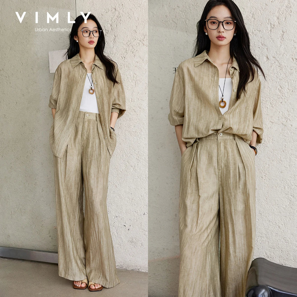 VIMLY Texture Shirt Pant Set Two Piece Woman Outfits Spring 2026 Casual Long Sleeve Shirt Baggy Pants Ladies Clothing Sets A0351