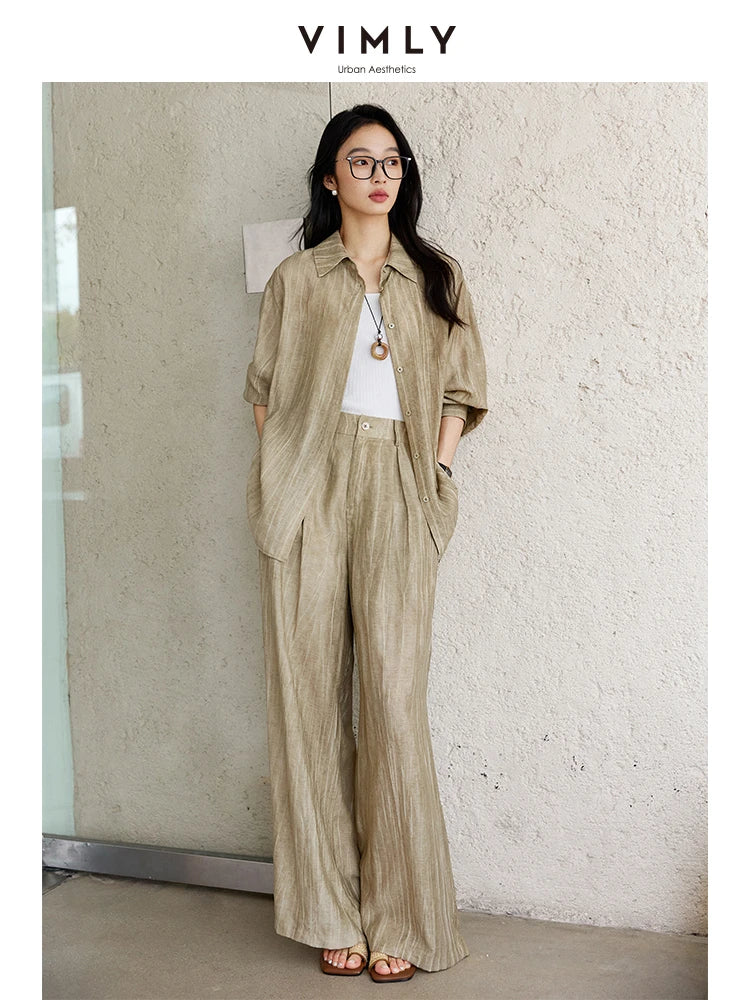 VIMLY Texture Shirt Pant Set Two Piece Woman Outfits Spring 2026 Casual Long Sleeve Shirt Baggy Pants Ladies Clothing Sets A0351