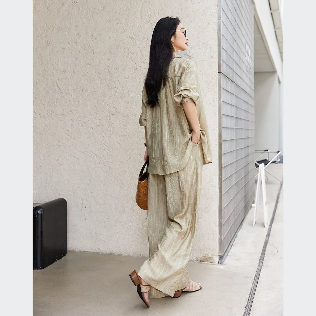 VIMLY Texture Shirt Pant Set Two Piece Woman Outfits Spring 2026 Casual Long Sleeve Shirt Baggy Pants Ladies Clothing Sets A0351
